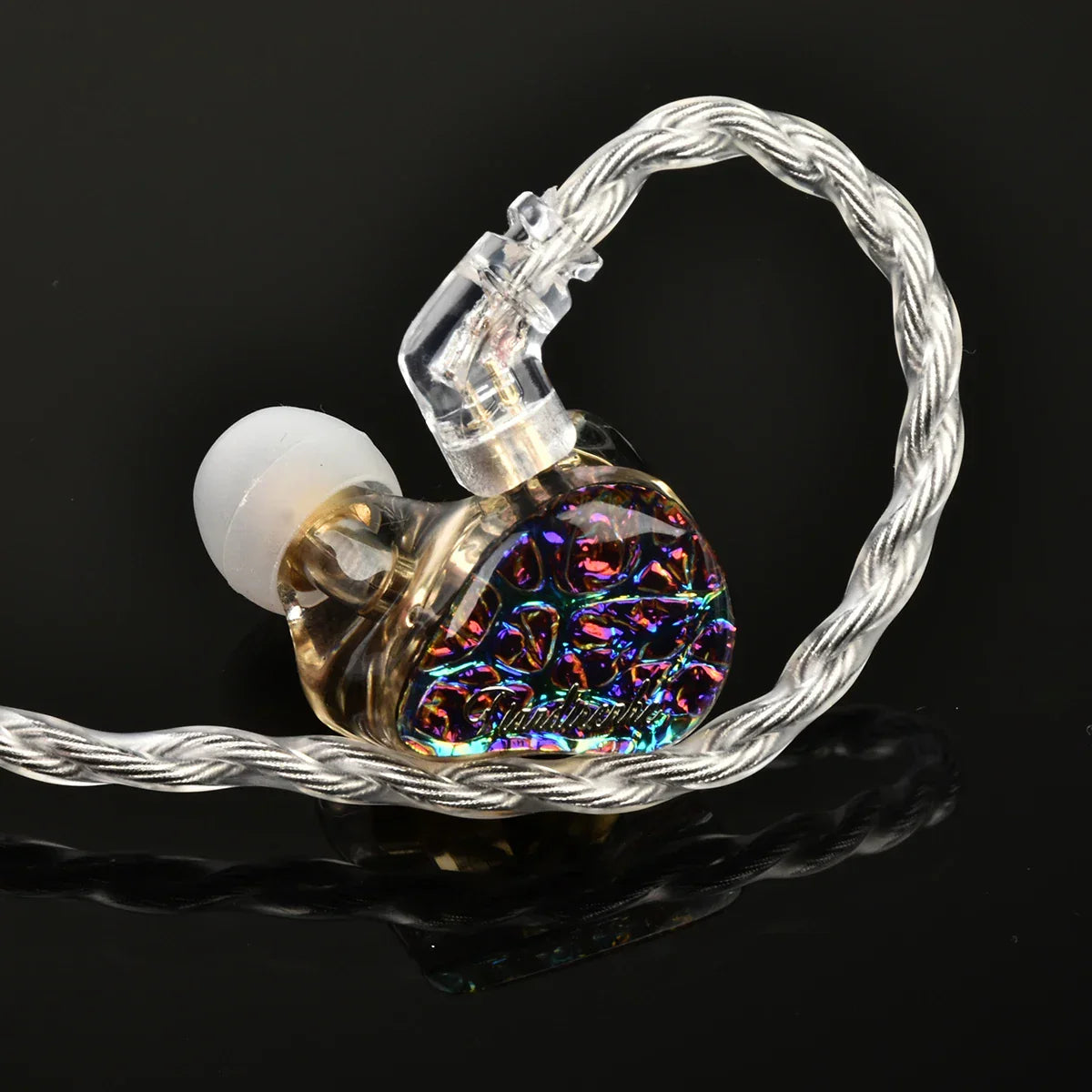 Iridescent tiandirenhe td08pro odin panel bass hifi earphones with gemstone-encrusted design and braided silver cable