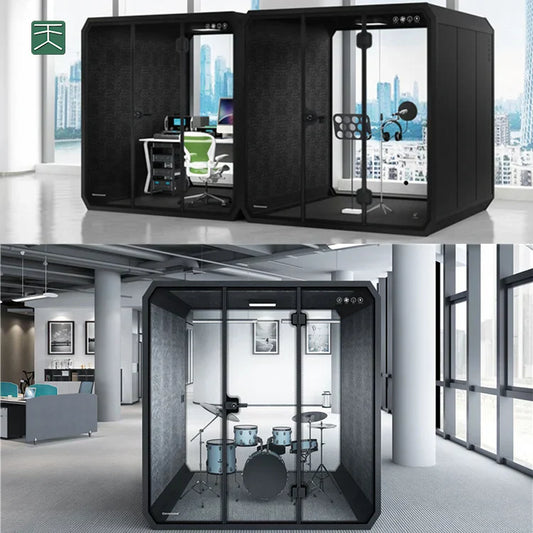 Black acoustic privacy pods with glass doors and soundproof panels for tiange good ventilation studio vocal isolation and drum sound proof use