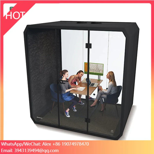 Black-framed tiange good ventilation acoustic privacy booth with transparent glass and dark studio vocal isolation walls