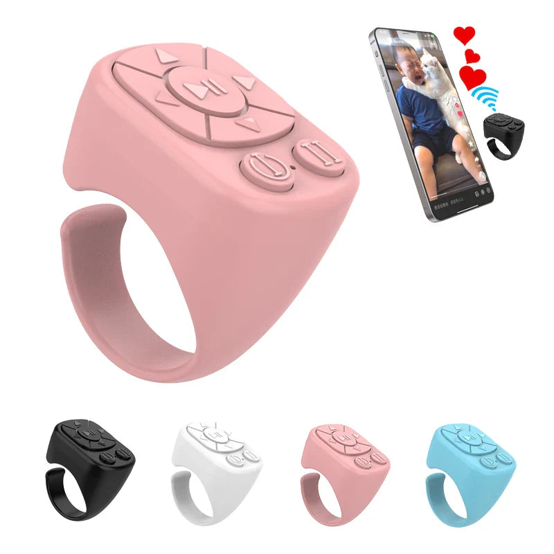 Pink silicone tiktok scrolling ring remote control bluetooth with circular buttons and camera shutter short functions