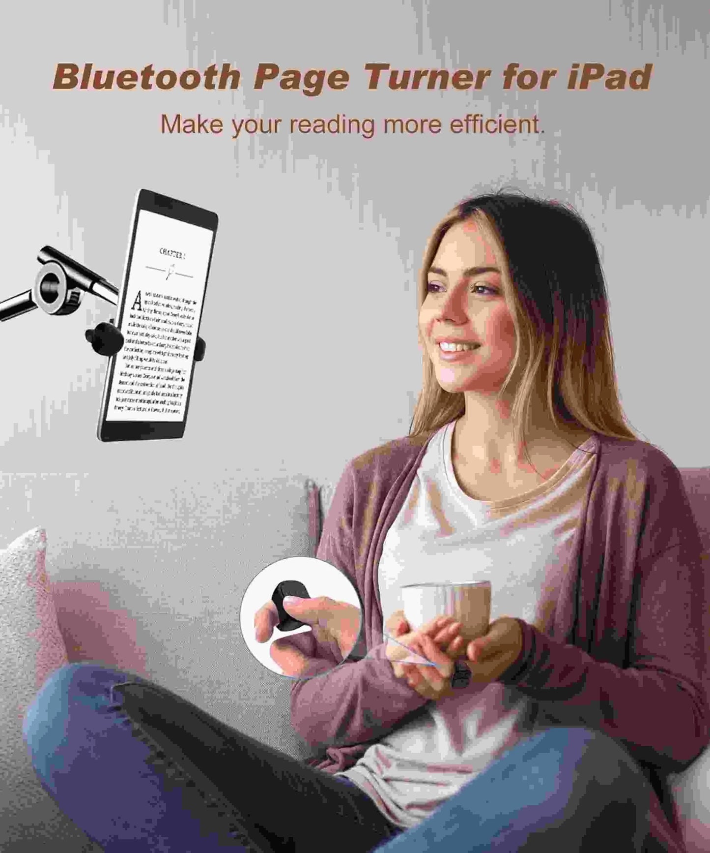 Bluetooth page turner for iPad with sleek black and silver design and adjustable arm remote control Bluetooth camera shutter short