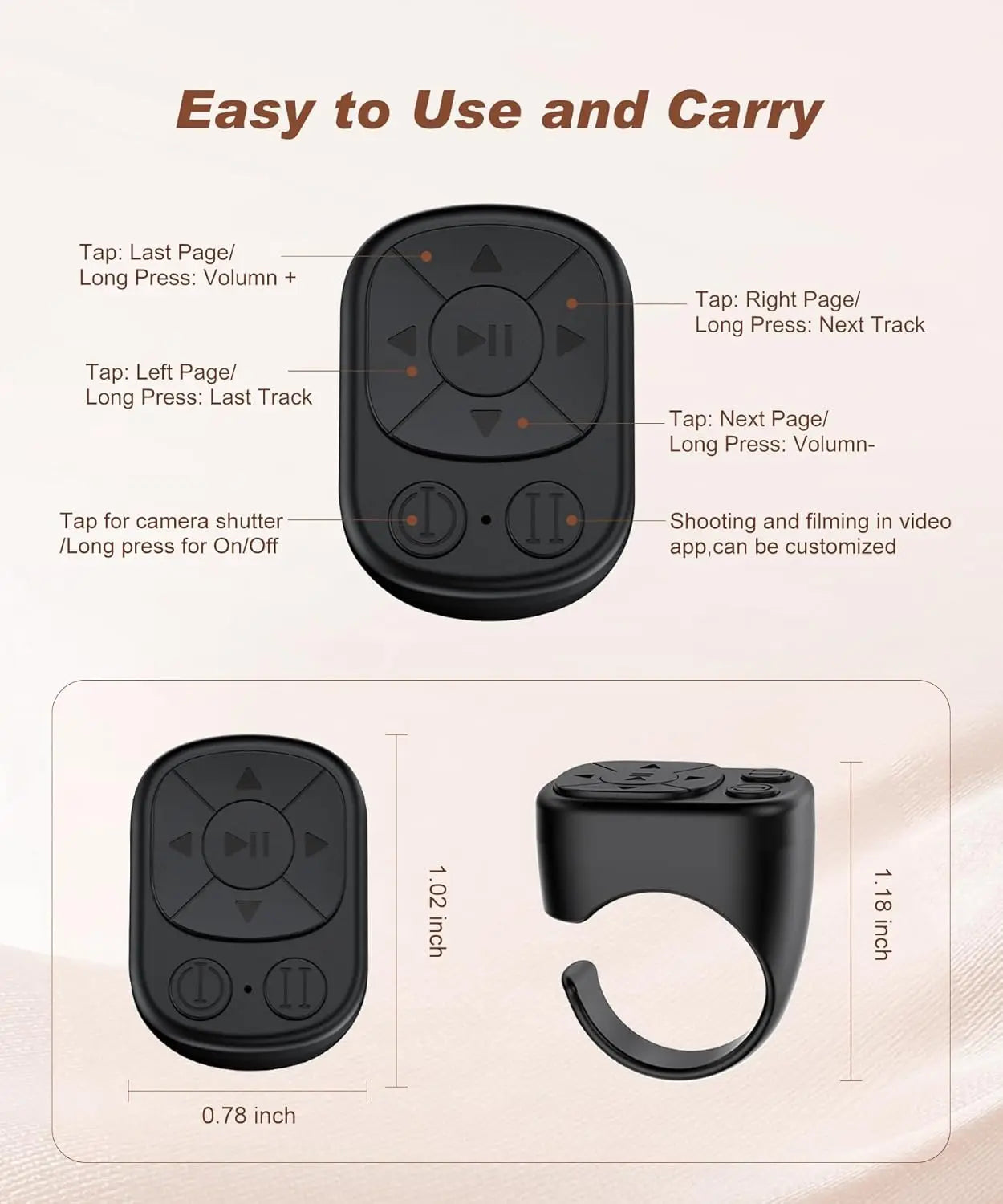 Black tiktok scrolling ring remote control bluetooth with directional buttons and camera shutter short video function