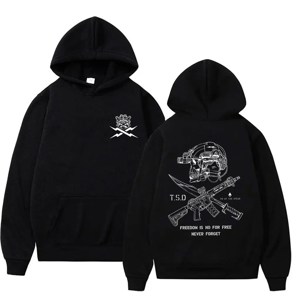 Black hoodie back side with white sparta tactical skeleton line-art skull crossed rifles and t.s.d. text oversized pullover