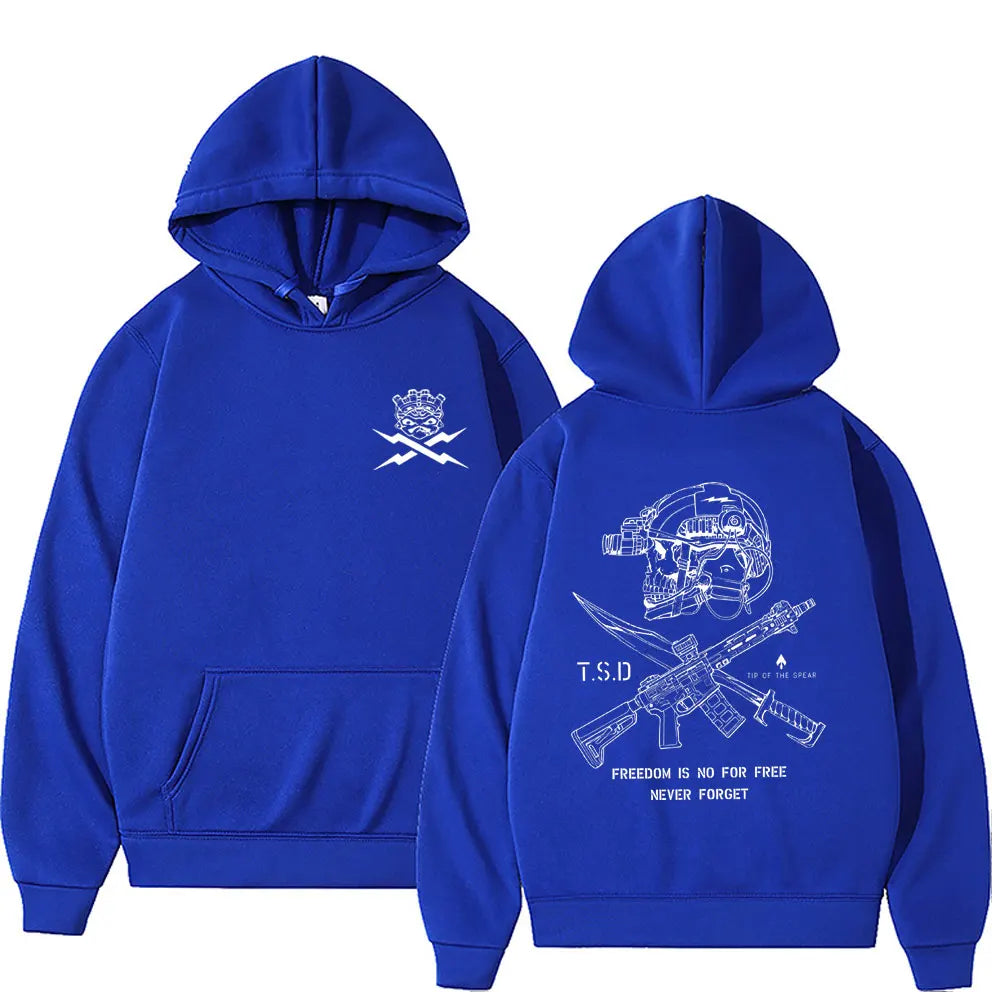Royal blue oversized pullover hoodie back with sparta tactical skeleton white line-art for male casual tracksuit