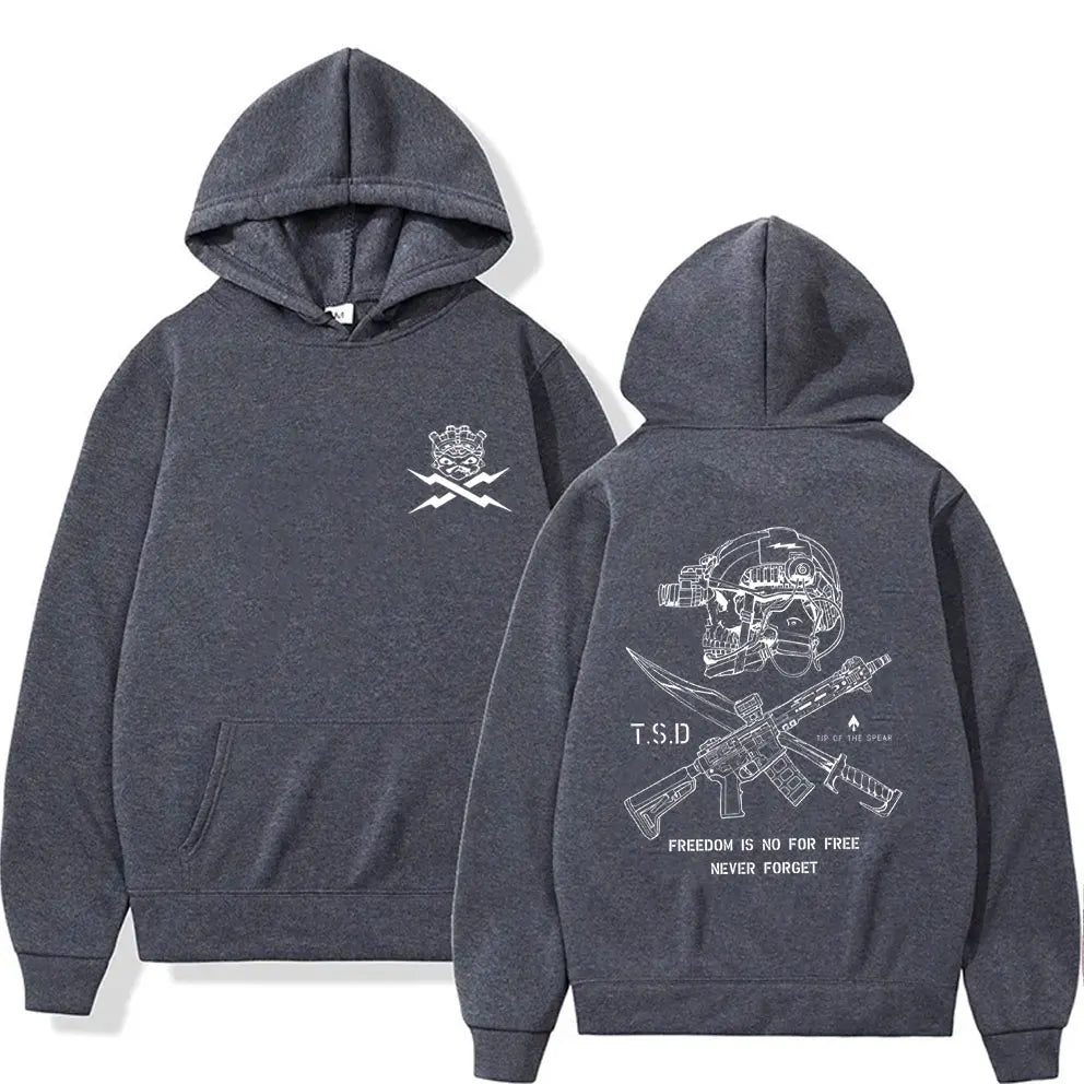 Back of dark heather gray sparta tactical skeleton hoodie with white skull and tactical gear print for male casual tracksuit
