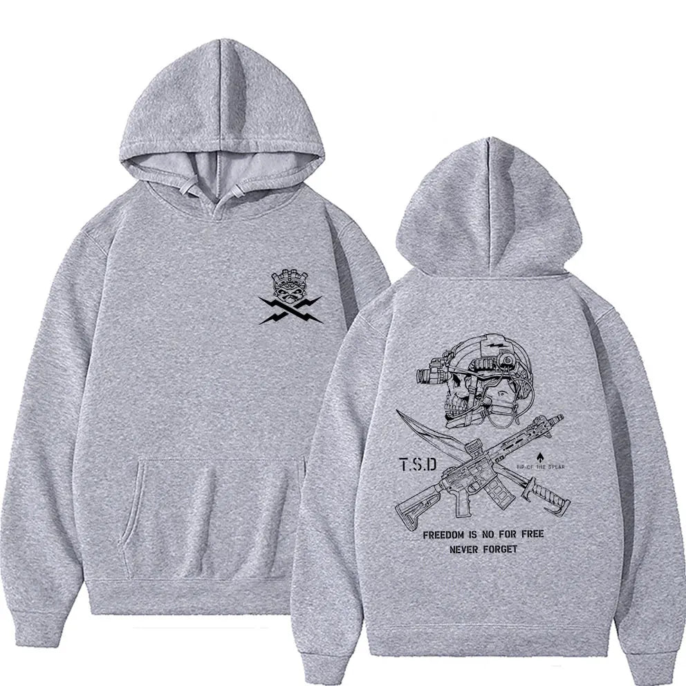 Gray heathered oversized hoodie with sparta tactical skeleton graphic on back for male casual tracksuit and women fashion