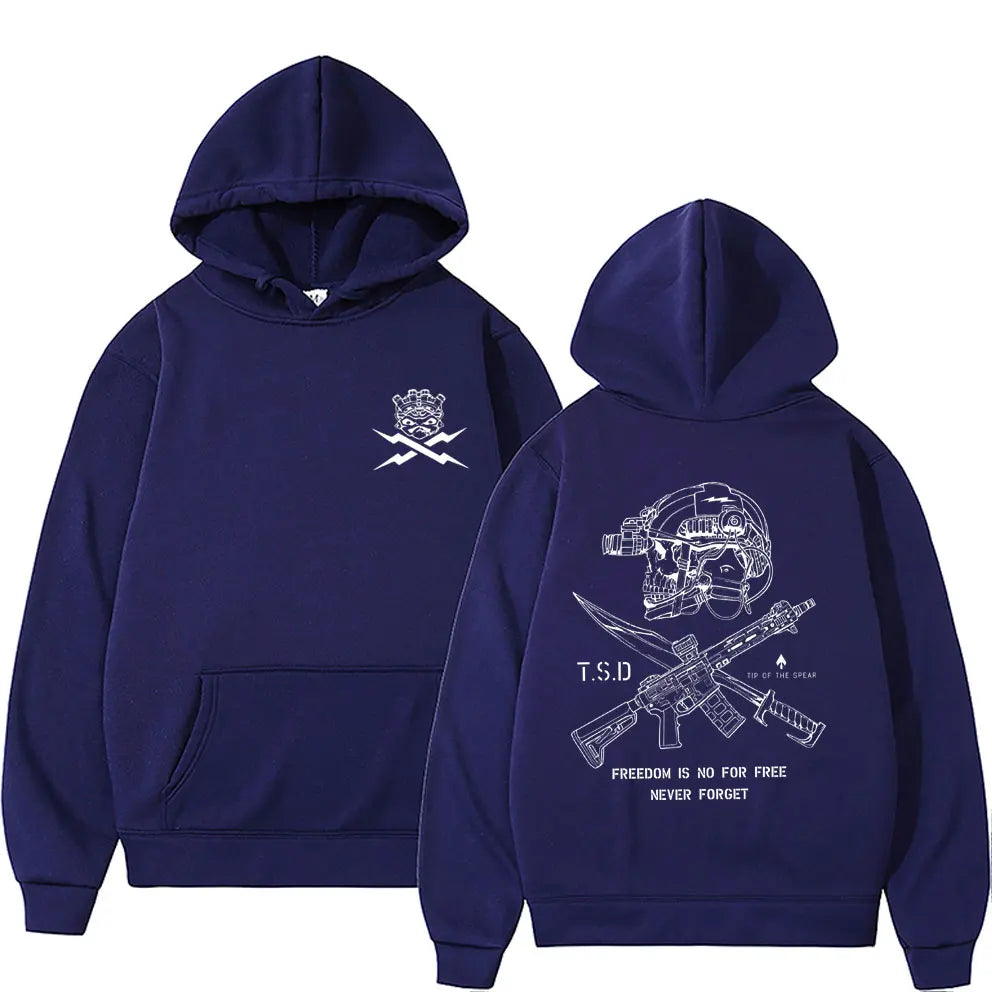 Back view of navy blue sparta tactical skeleton hoodie with white skull helmet graphic for women fashion oversized and male casual tracksuit