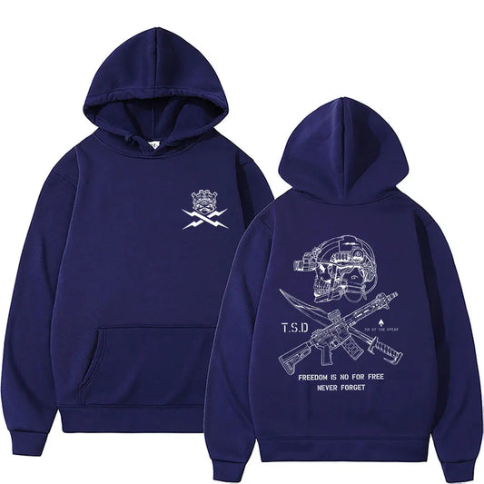 Back view of navy blue sparta tactical skeleton hoodie with white skull helmet graphic for women fashion oversized and male casual tracksuit