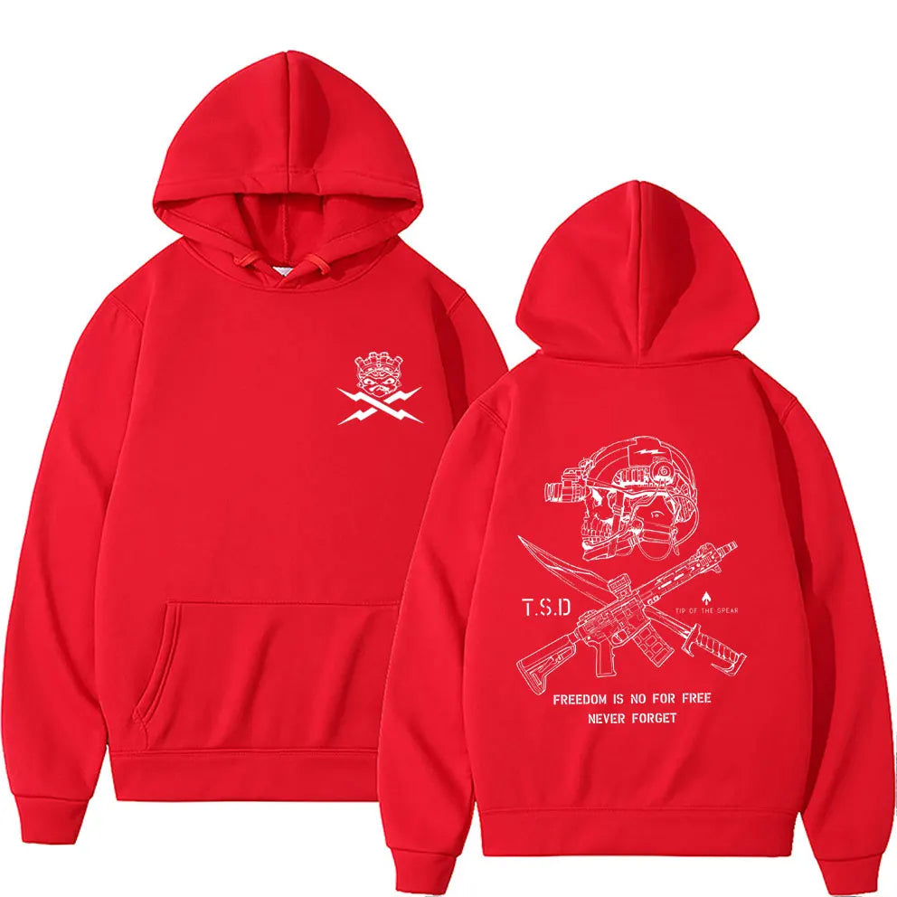 Red hoodie with sparta tactical skeleton skull helmet and rifle graphic print for women fashion oversized and male casual tracksuit