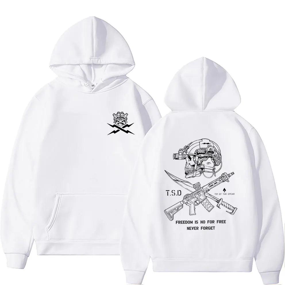 White hoodie back with black sparta tactical skeleton print featuring skull tactical gear text for male casual tracksuit and women fashion oversized style