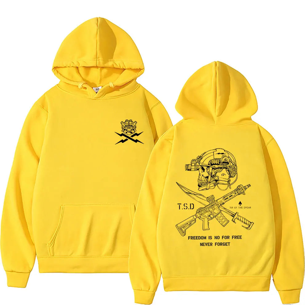 Bright yellow hoodie with sparta tactical skeleton graphic on back for women fashion oversized and male casual tracksuit use