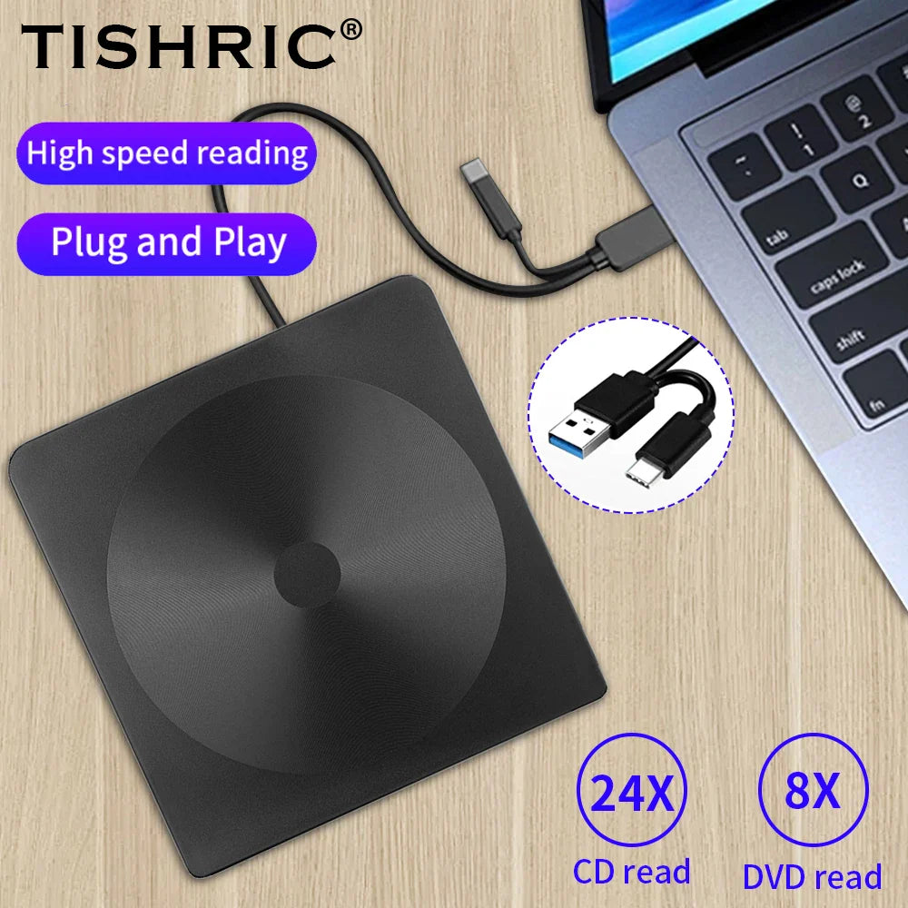 Black tishric usb external dvd drive with usb-c and usb-a cables for high-speed usb external dvd reading