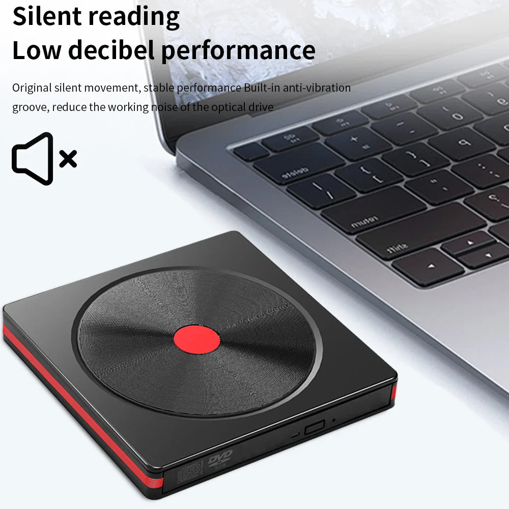 Black and red tishric usb external dvd with circular textured surface and central red dot for pc desktop use