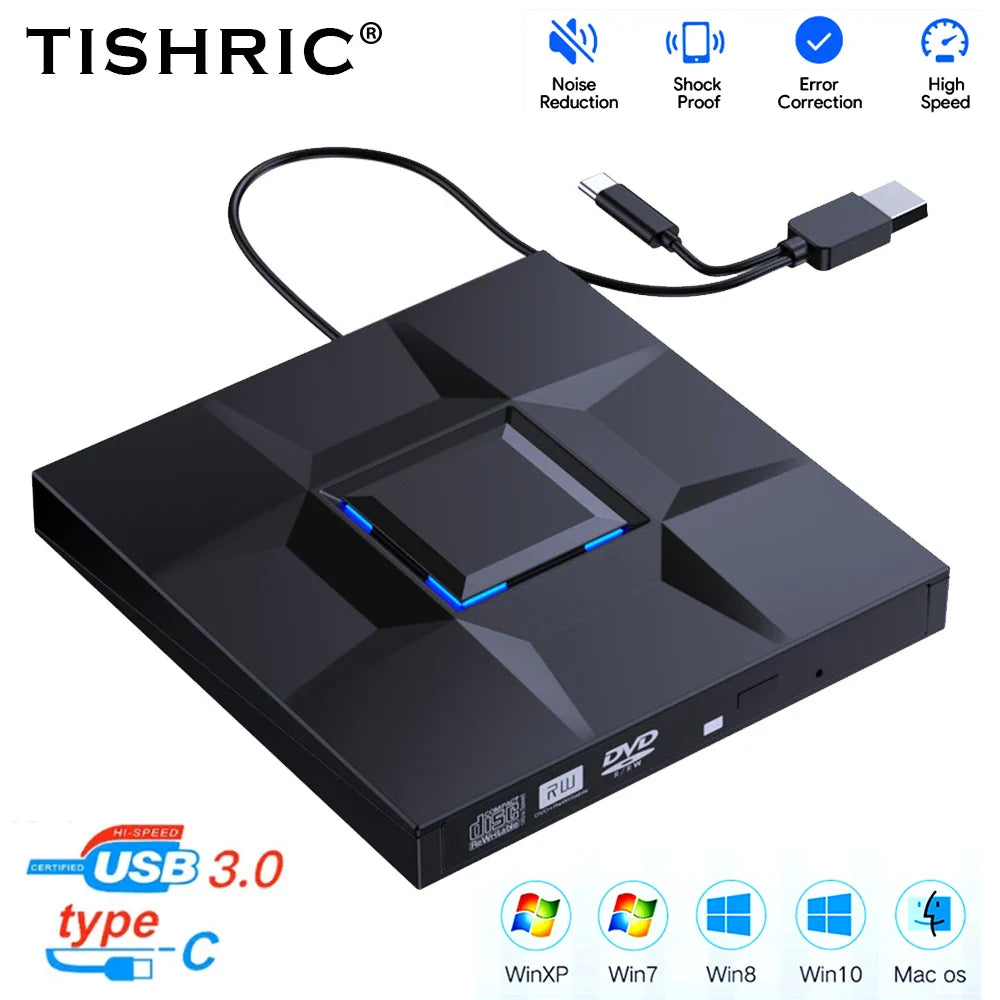 Black tishric usb external dvd drive with geometric design and blue led lighting usb 3.0 type c external dvd reader