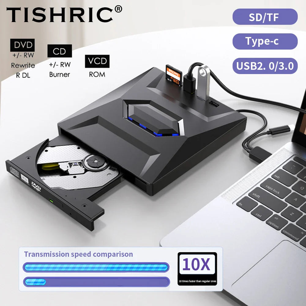 Black tishric usb external dvd with sleek angular design and blue led lighting for pc desktop and laptop use