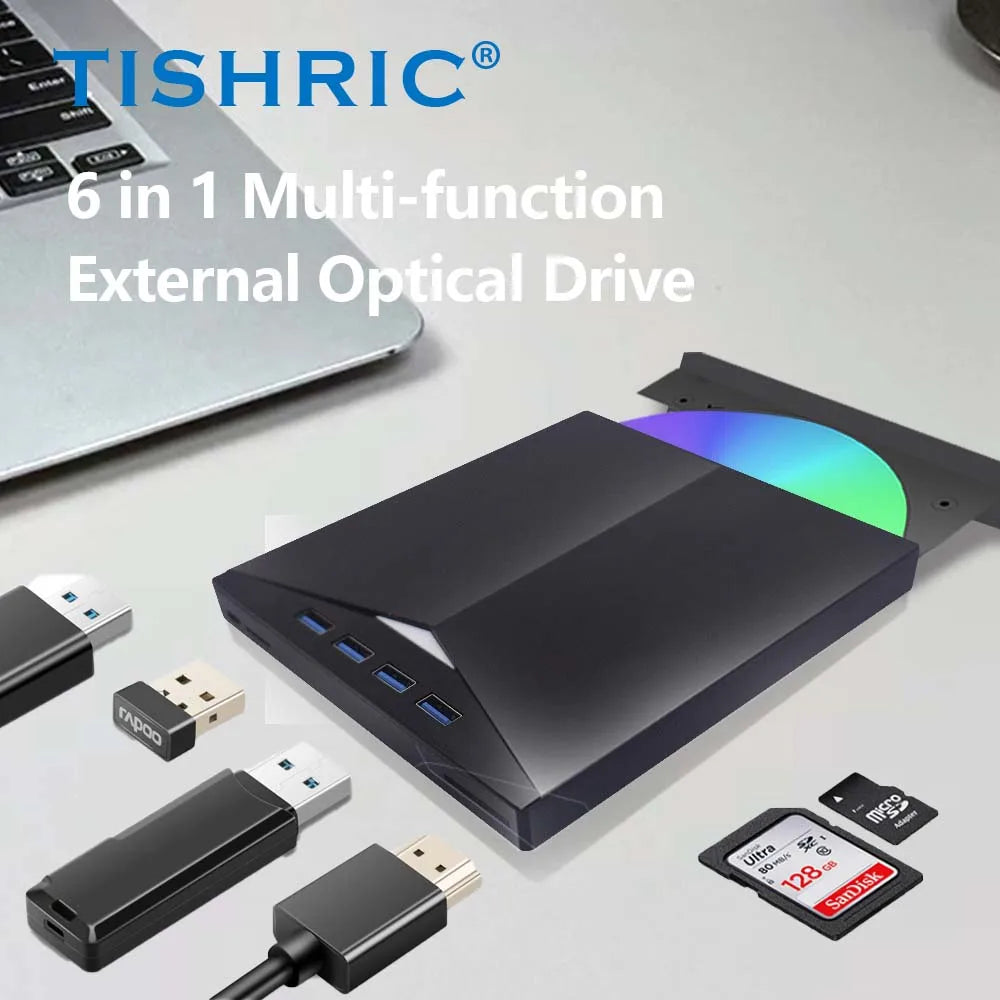 Black tishric usb external dvd 6-in-1 multi-function external dvd drive with usb3.0 and type c ports for pc desktop computer