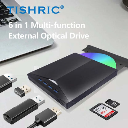Black tishric usb external dvd 6-in-1 multi-function external dvd drive with usb3.0 and type c ports for pc desktop computer