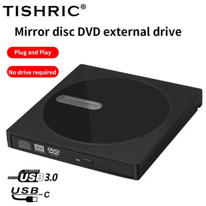 Black tishric usb external dvd drive with usb 3.0 and usb-c connectivity for pc desktop computer use