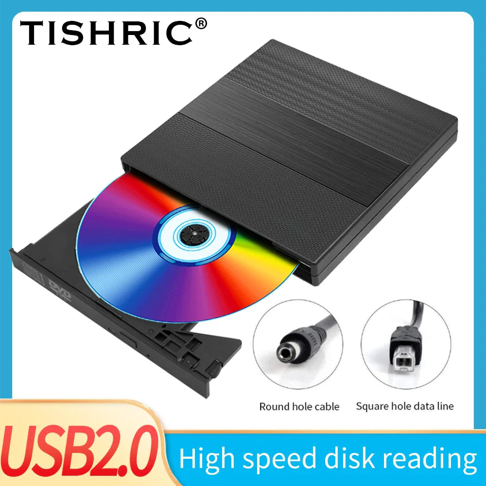 Black tishric usb external dvd drive with textured surface and colorful disc partially ejected from tray for pc use