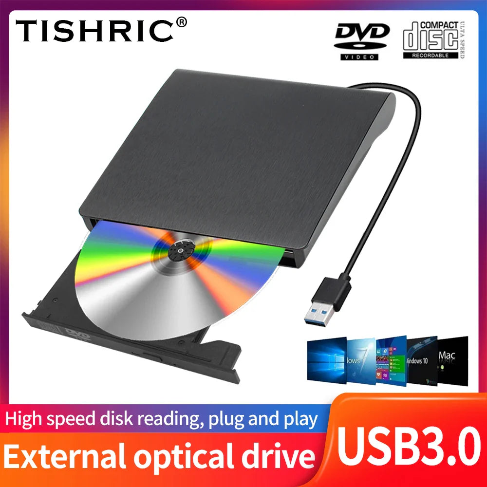 Black tishric usb external dvd drive usb3 0 with silver dvd disc partially ejected for pc desktop use