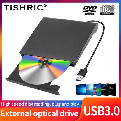 Black tishric usb external dvd drive usb3 0 with silver dvd disc partially ejected for pc desktop use