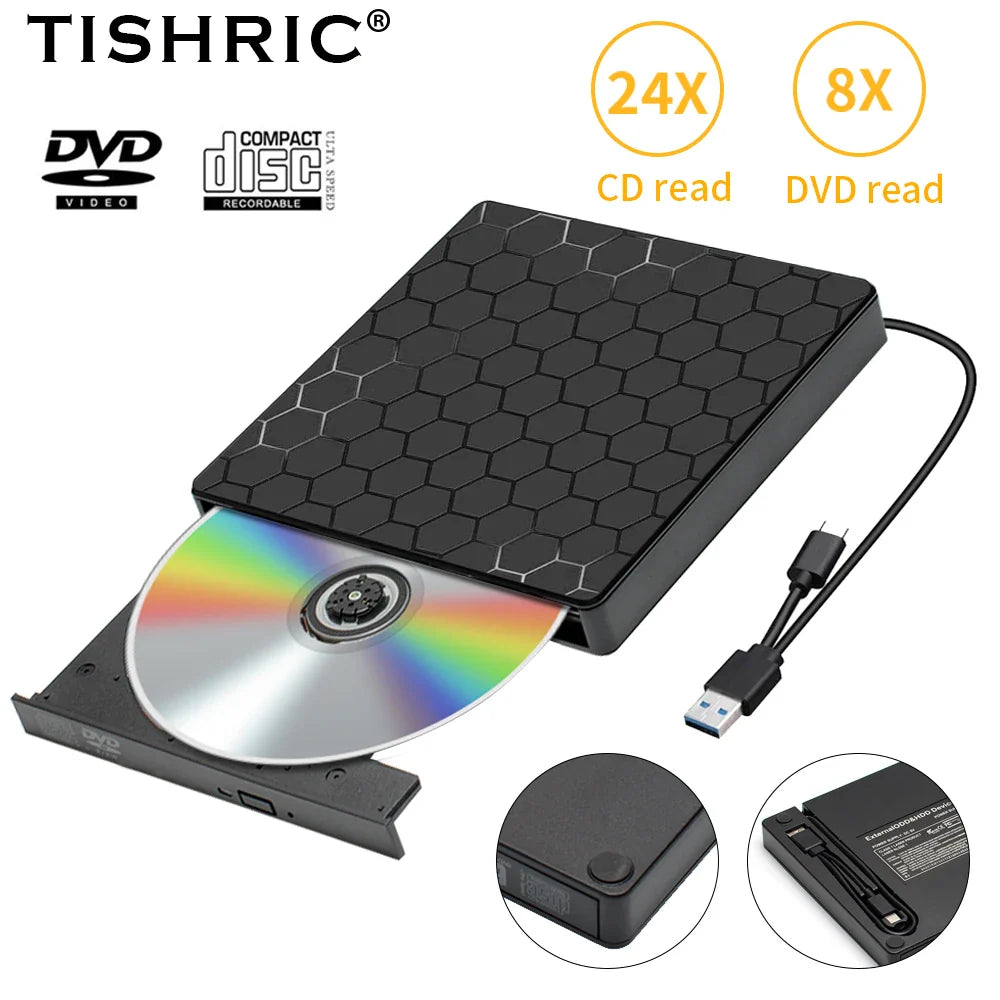 Black tishric usb external dvd drive with hexagonal texture ejecting a rainbow cd usb external dvd for pc use