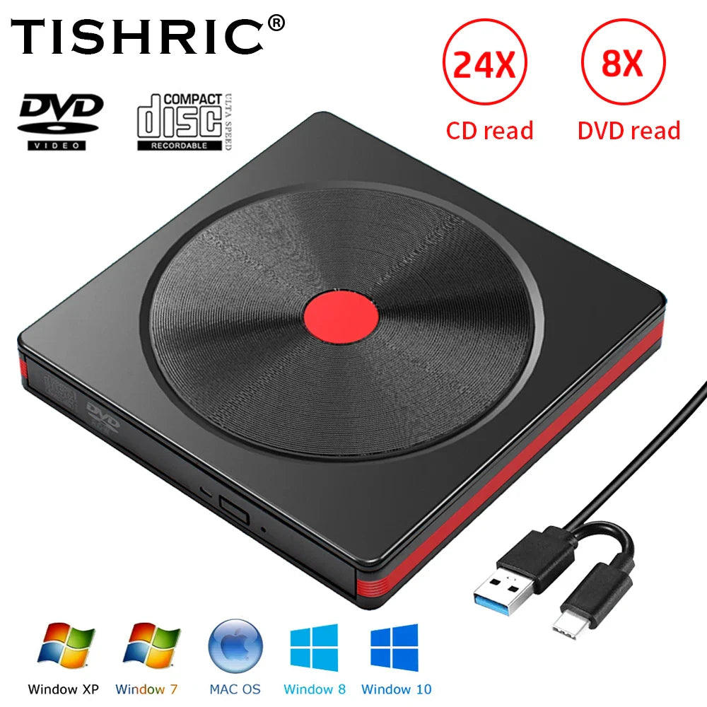 Black tishric usb external dvd drive with red accents and circular disc design for pc desktop usb external dvd use