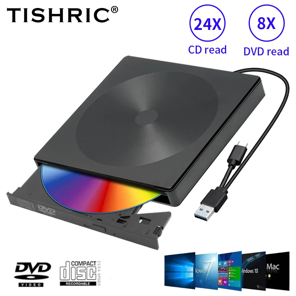 Black tishric usb external dvd drive with 24x cd and 8x dvd read speeds and usb cable for pc and desktop use