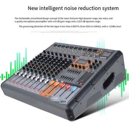 Gray titumnnl digital mixer with black knobs orange and red sliders and digital display audio mixer 18channels with 99bit dps reverb