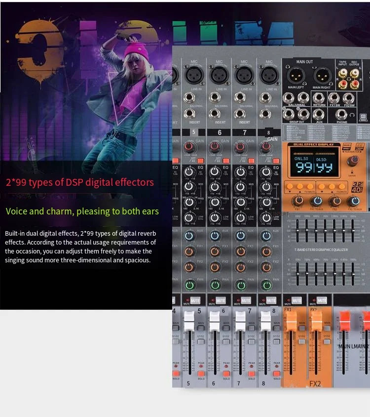 Gray and orange titumnnl digital mixer with 18channels multiple knobs sliders and 99bit dps reverb for professional audio use