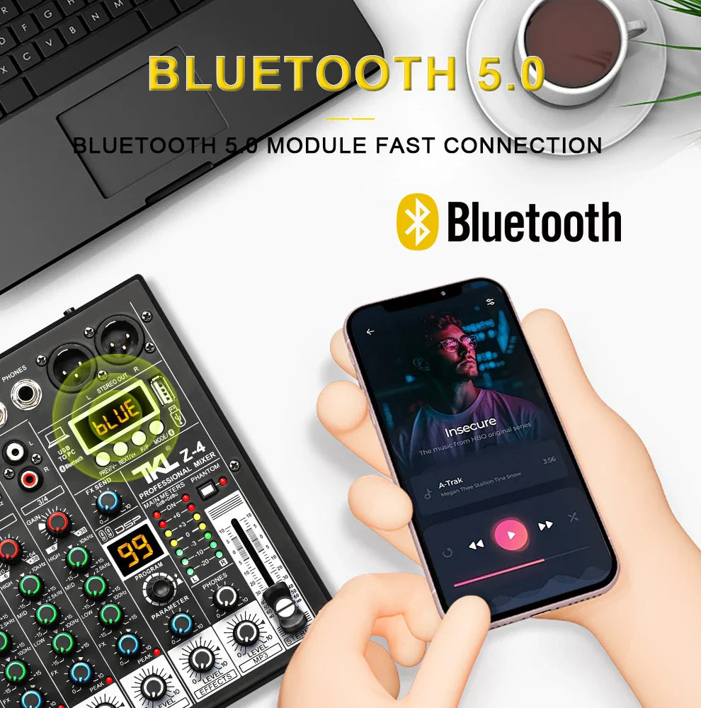 Black tkl z-4 bluetooth 5.0 audio interface with green led display and colorful knobs for karaoke dj mixing
