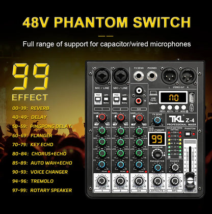 Black tkl 4 channel professional audio mixer with multiple knobs sliders input output jacks for studio dj use