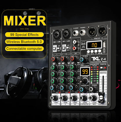 Black tkl z-4 professional audio mixer with colorful knobs and digital display for dj karaoke studio use
