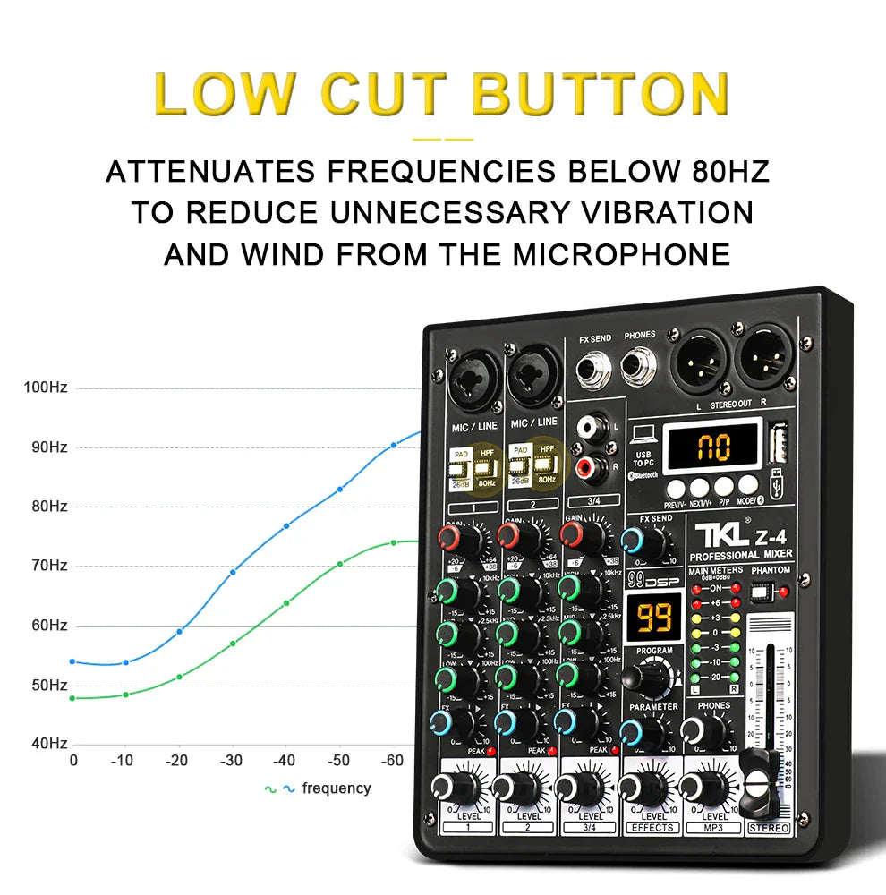 Black tkl z-4 professional audio mixer with colorful knobs digital display 4 channel dsp 48v phantom power bluetooth
