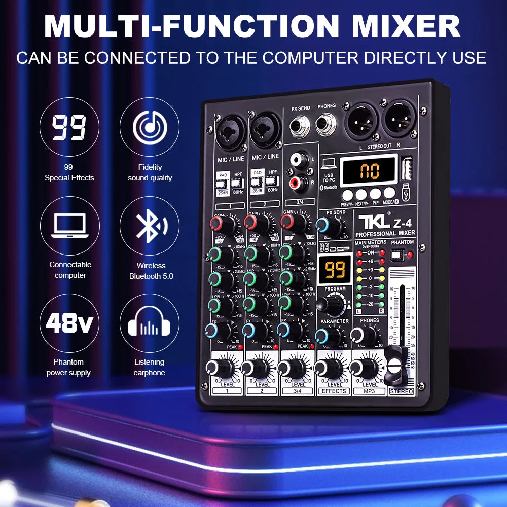Black TKL 4 channel 99 DSP audio mixer with multiple input jacks knobs digital display and 48V phantom power