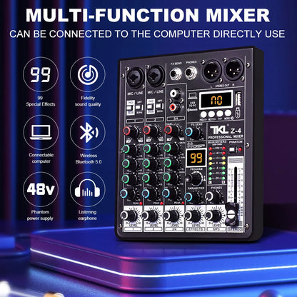 Black TKL 4 channel 99 DSP audio mixer with multiple input jacks knobs digital display and 48V phantom power