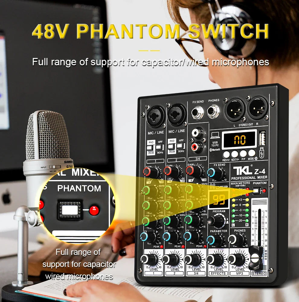 Black tkl z-4 professional audio mixer with colorful knobs and digital display for bluetooth dj studio mixing