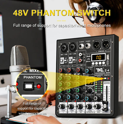 Black tkl z-4 professional audio mixer with colorful knobs and digital display for bluetooth dj studio mixing