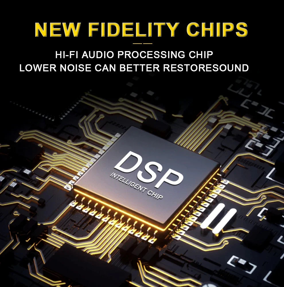 Black rectangular dsp intelligent chip with gold circuitry on pcb for tklbls professional 99dsp audio mixer bluetooth dj console