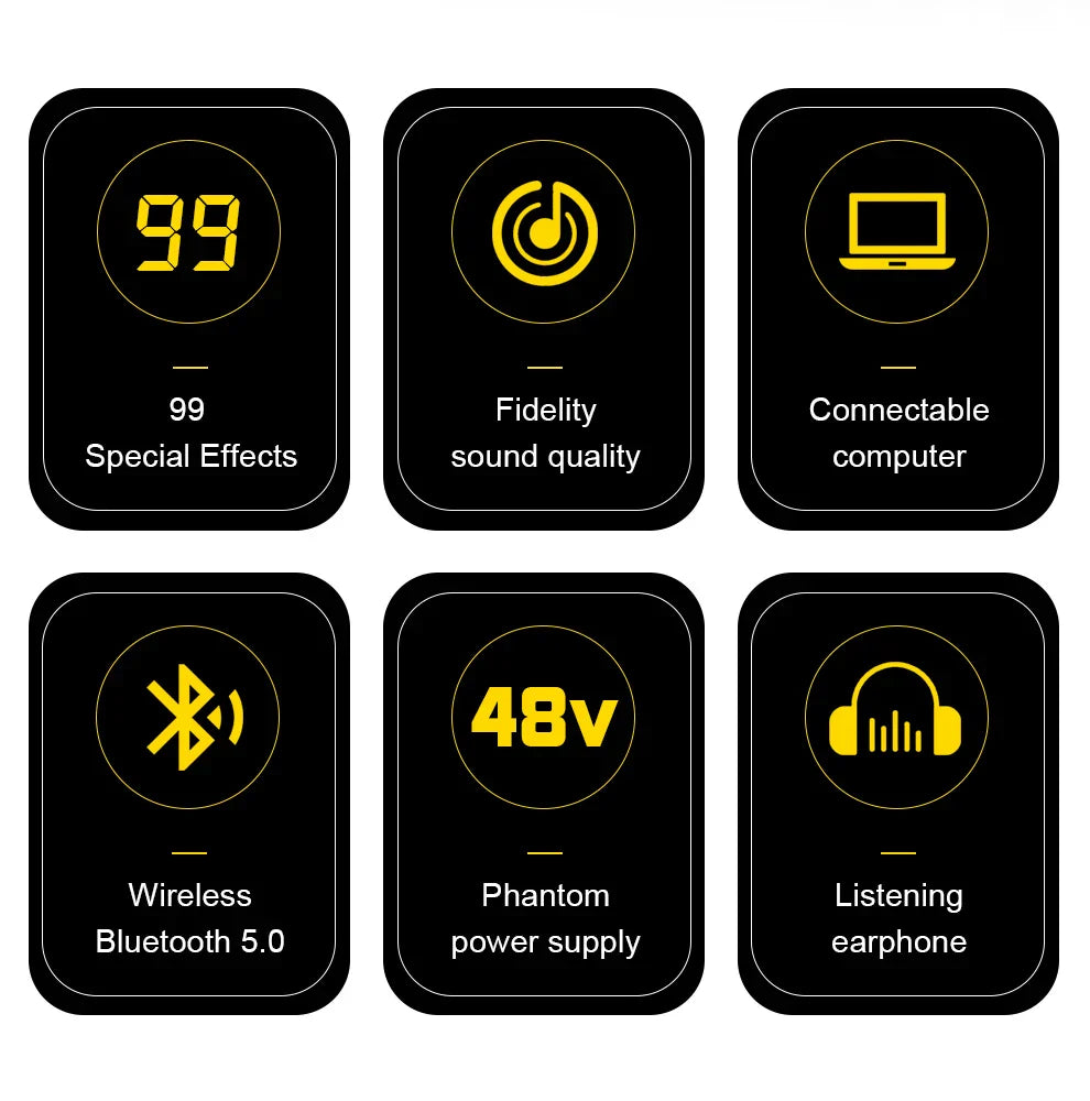 Black rectangular icons highlight features of tklbls professional 99dsp audio mixer with studio karaoke bluetooth and phantom power