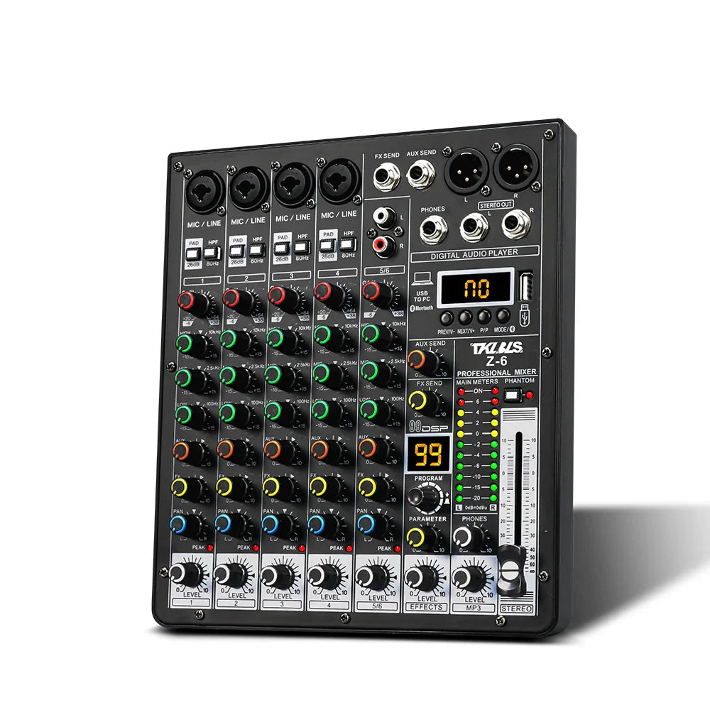 Black taurus z-6 professional 99dsp audio mixer with colorful knobs and digital display for studio karaoke bluetooth dj console use