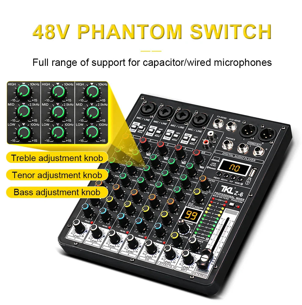 Black tkl z-6 professional 99dsp audio mixer with colorful knobs digital display studio karaoke bluetooth dj console