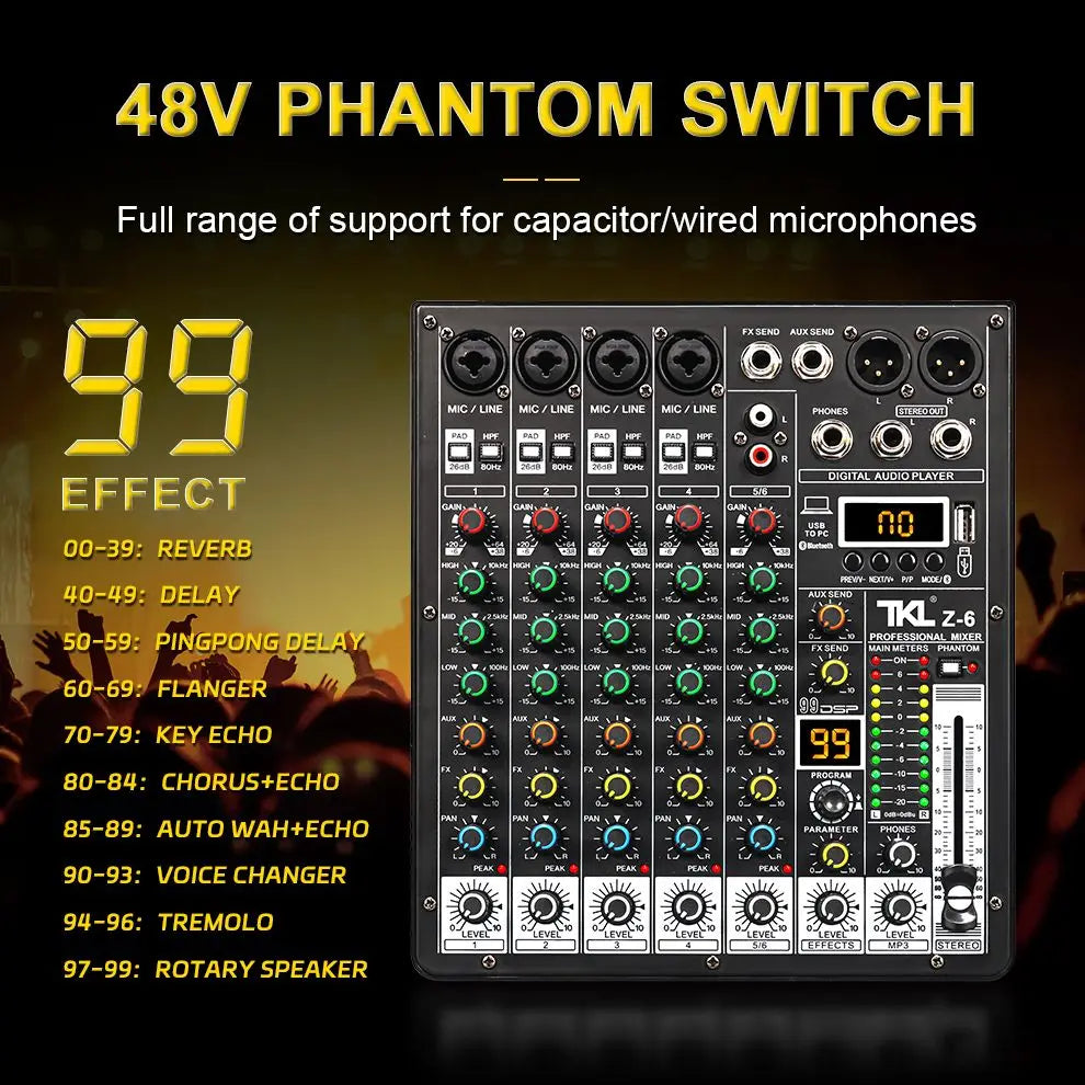 Black tkl z-6 99dsp audio mixer with multiple input jacks, knobs, digital display for studio karaoke bluetooth and dj use