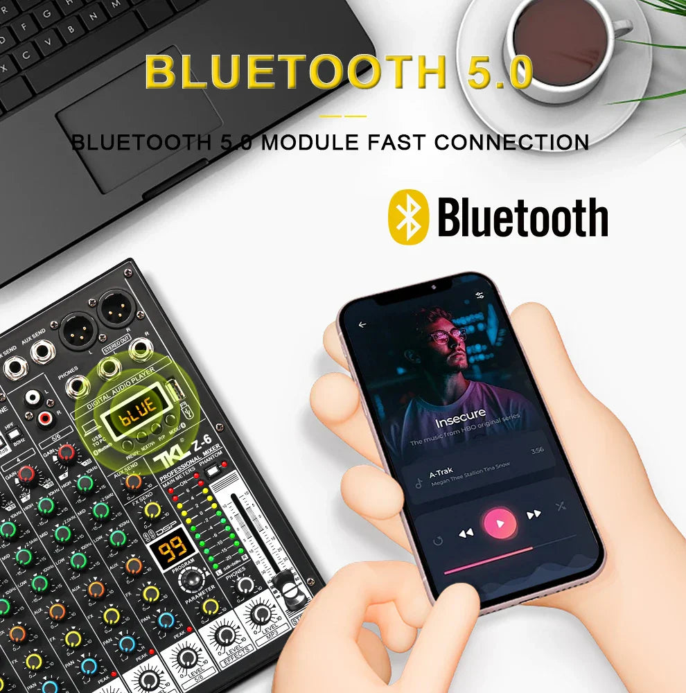 Black tkl-z-6 99dsp audio mixer with colorful knobs and illuminated display for studio karaoke bluetooth and bluetooth dj console use