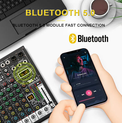 Black tkl-z-6 99dsp audio mixer with colorful knobs and illuminated display for studio karaoke bluetooth and bluetooth dj console use