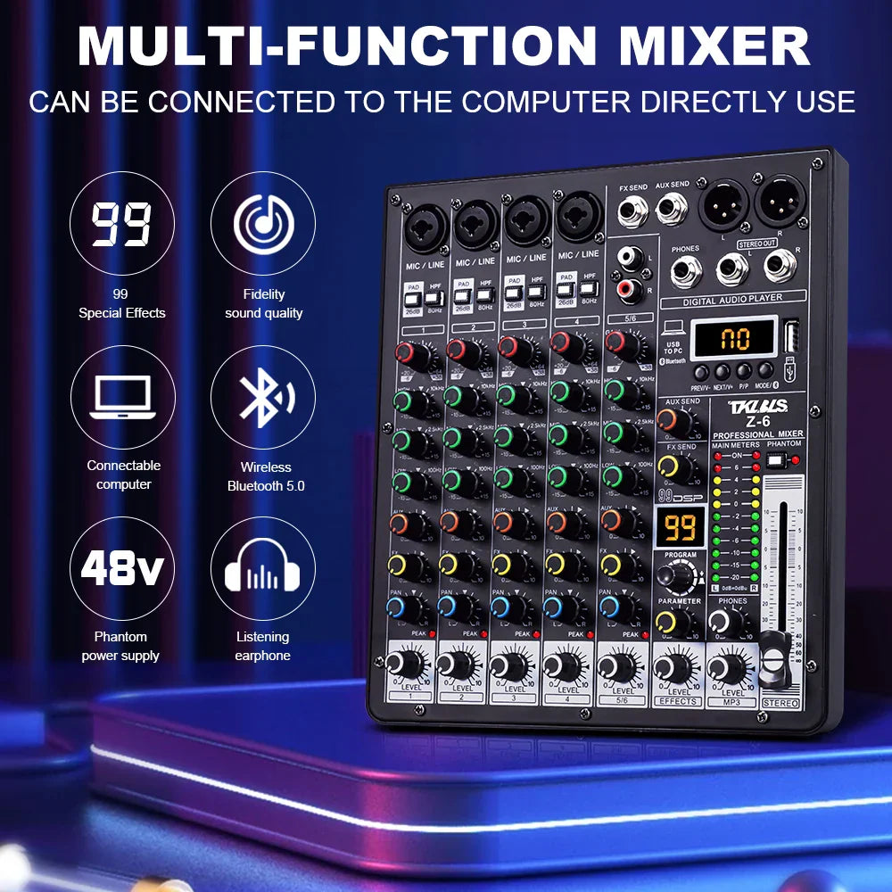 Black tklus z-6 professional 99dsp audio mixer with colorful knobs and multiple ports for studio karaoke bluetooth use