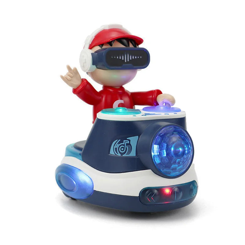 A red and white cartoon character wearing a vr headset sits on a blue and white toddler dj car with swing dancing learning features