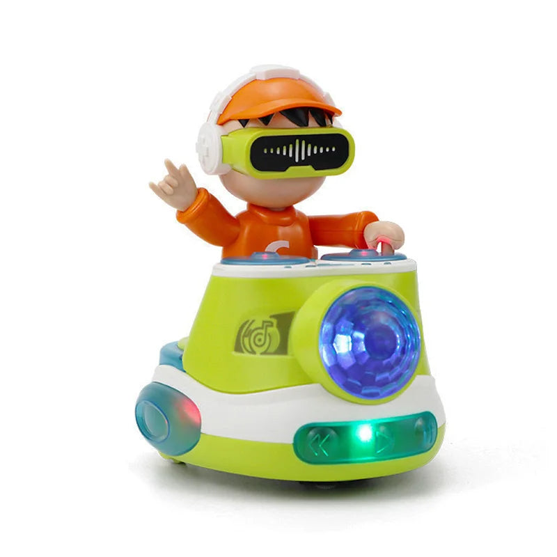 A lime green and white toddler dj car toy dj robot with orange helmet black sunglasses and glowing blue lens for swing dancing learning interactive play