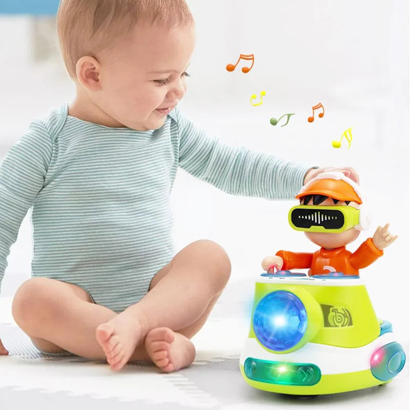 A bright green and white toddler dj car toy robot with orange helmet, black sunglasses, and learning interactive lights