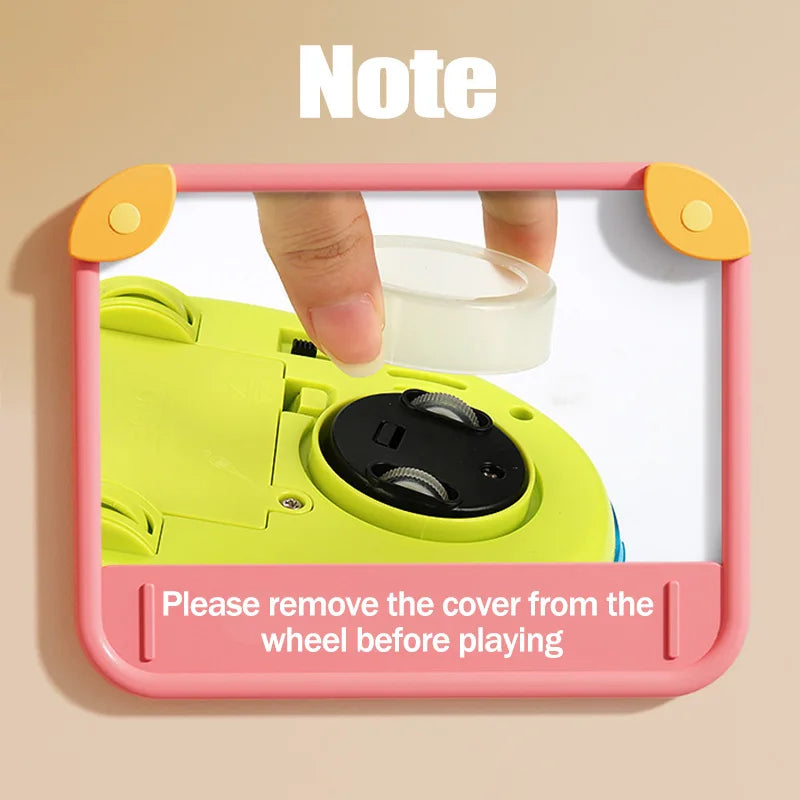 Bright lime green toddler dj car with black wheel and yellow accents swing dancing learning interactive toy for kids